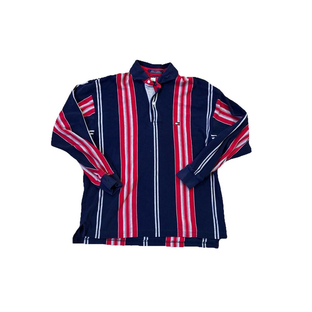 Vintage Tommy Hilfiger Polo Shirt Mens Large Striped Crest Rugby 90s Hip Hop Y2K